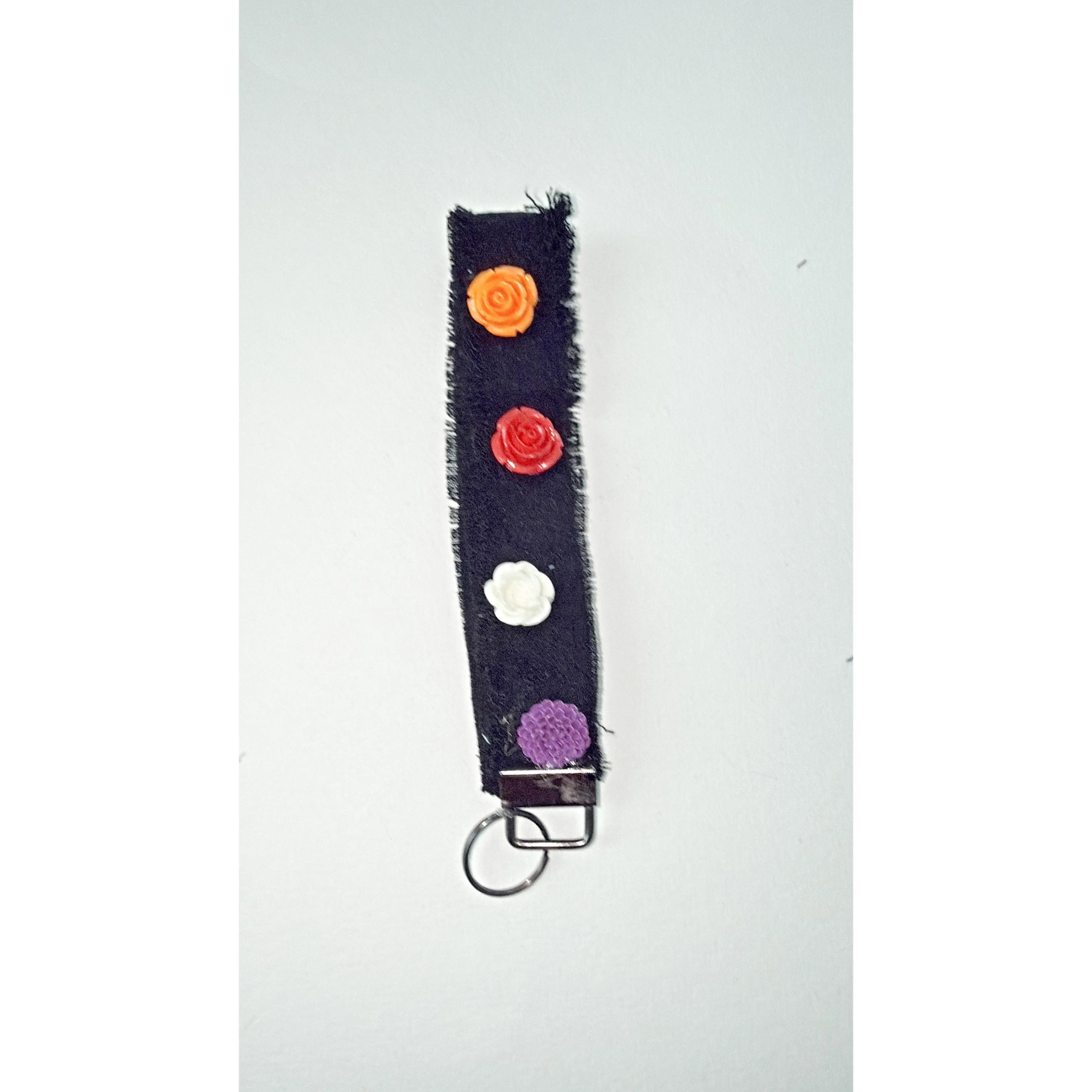 Wristlet keychain - blk denim with larger 3D resin flower embellishtments