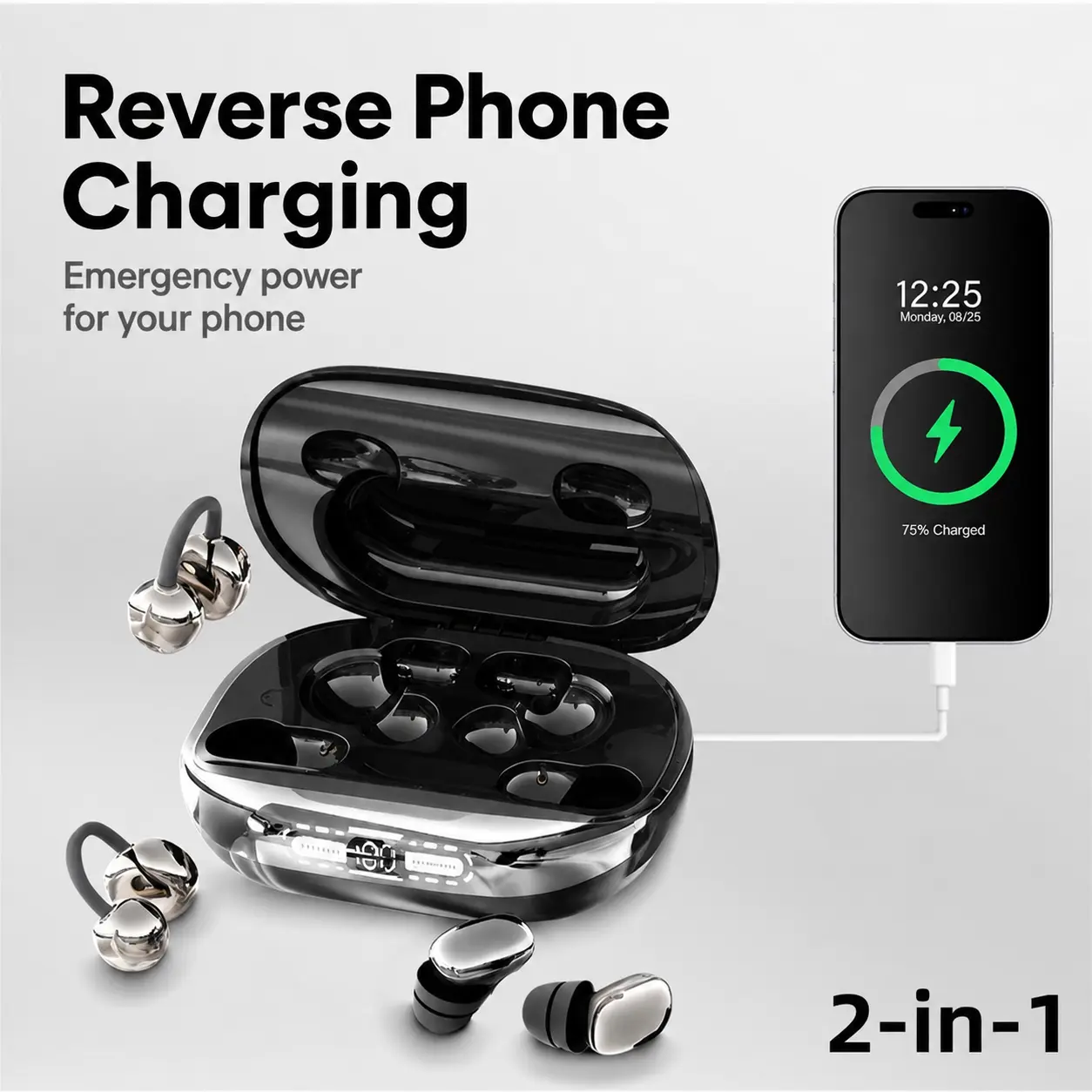 GT630S Bluetooth Wireless Earbuds with Chargeable Power Bank Case, 4 Earbuds, Clip-On Design, Noise Cancellation, Water Resistant, Reverse Phone Charging, Audio for Sports & Sleep, Android & iOS Compatible