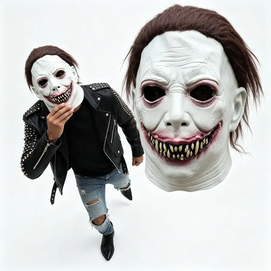 Adult 1-Size Evil Creepy Killer Smile Latex Mask with Short Brown Hair & Eye Detail, 1-Piece Cosplay Prop for Halloween Dark Parties
