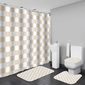 4-piece plaid pattern shower curtain set, fun checkered bathroom set, soft non-slip bathroom rug, toilet lid cover, U-shaped mat, vintage bright-colored waterproof shower curtain, comes with 12 hooks, suitable for bathtubs and toilets, beige
