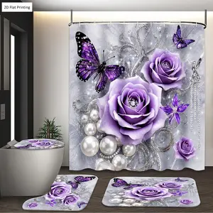 1/3/4PCS Violet Roses Butterflies and Pearls in Elegant Style Shower Curtain Set with Rugs, Non Slip Bath Mat, U-Shape Carpet, Toilet Lid Cover, Polyester Fabric Bathtub Curtain Accessories, 12 Hooks, Home Bathroom Festival Decor