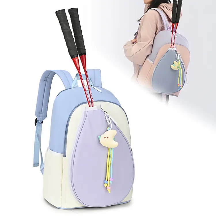Fashionable color-block badminton/pickleball paddle bag in macaron colors, large-capacity double-shoulder backpack for outdoor sports like tennis