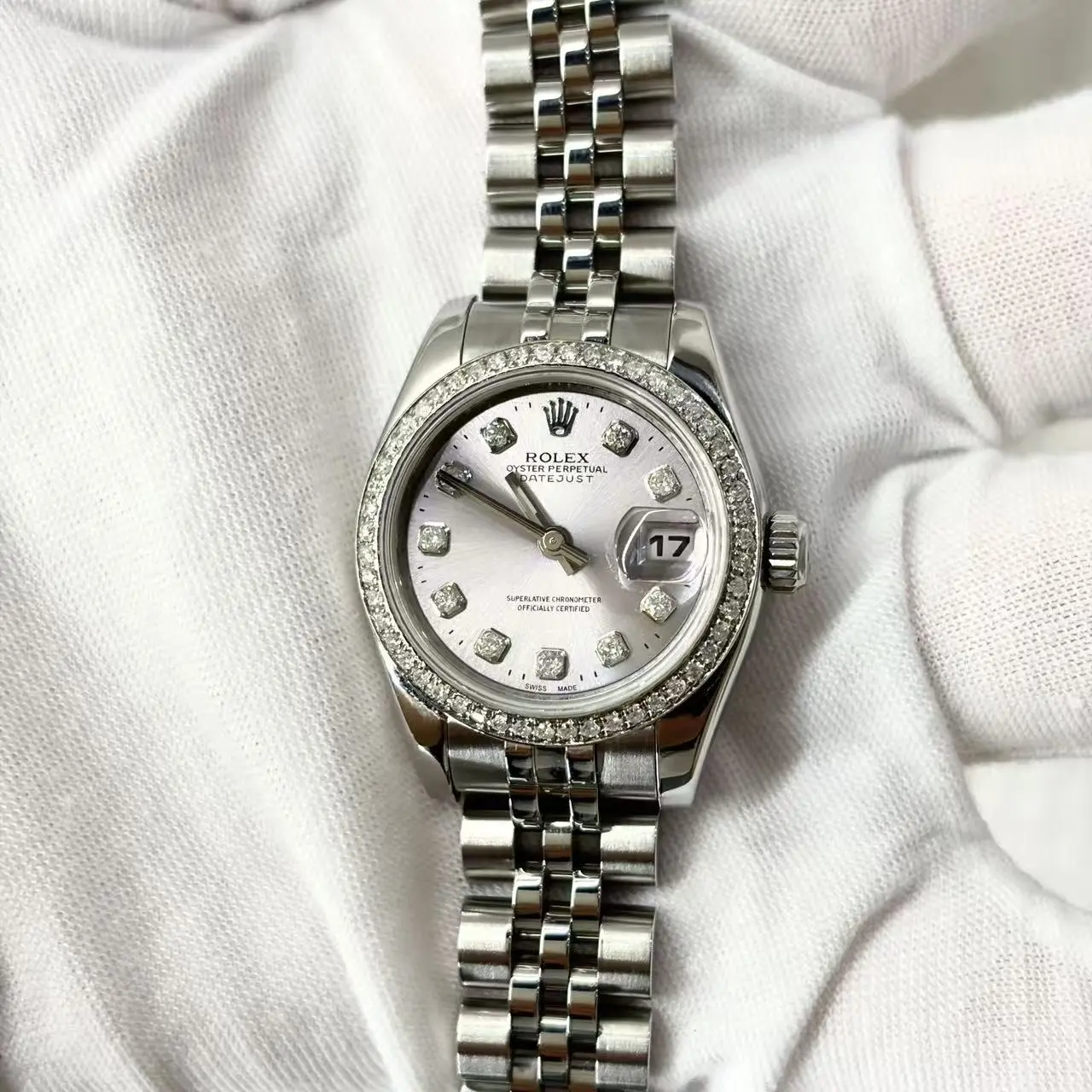 Rolex Lady-Datejust 179174 26mm Automatic Aftermarket Pink Dial Stainless Steel & 18K White Gold Ladies Watch with Aftermarket Diamond Bezel WHP042907