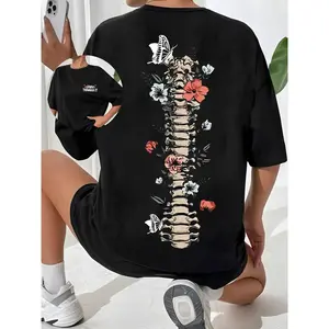 Women's Graphic Drop Shoulder Tee, Fashion Skeleton & Floral Print Half Sleeve T-shirt, Chic Summer Tee Shirts, Going Out Tops 2000s, Graphic Tees Women, Womenswear
