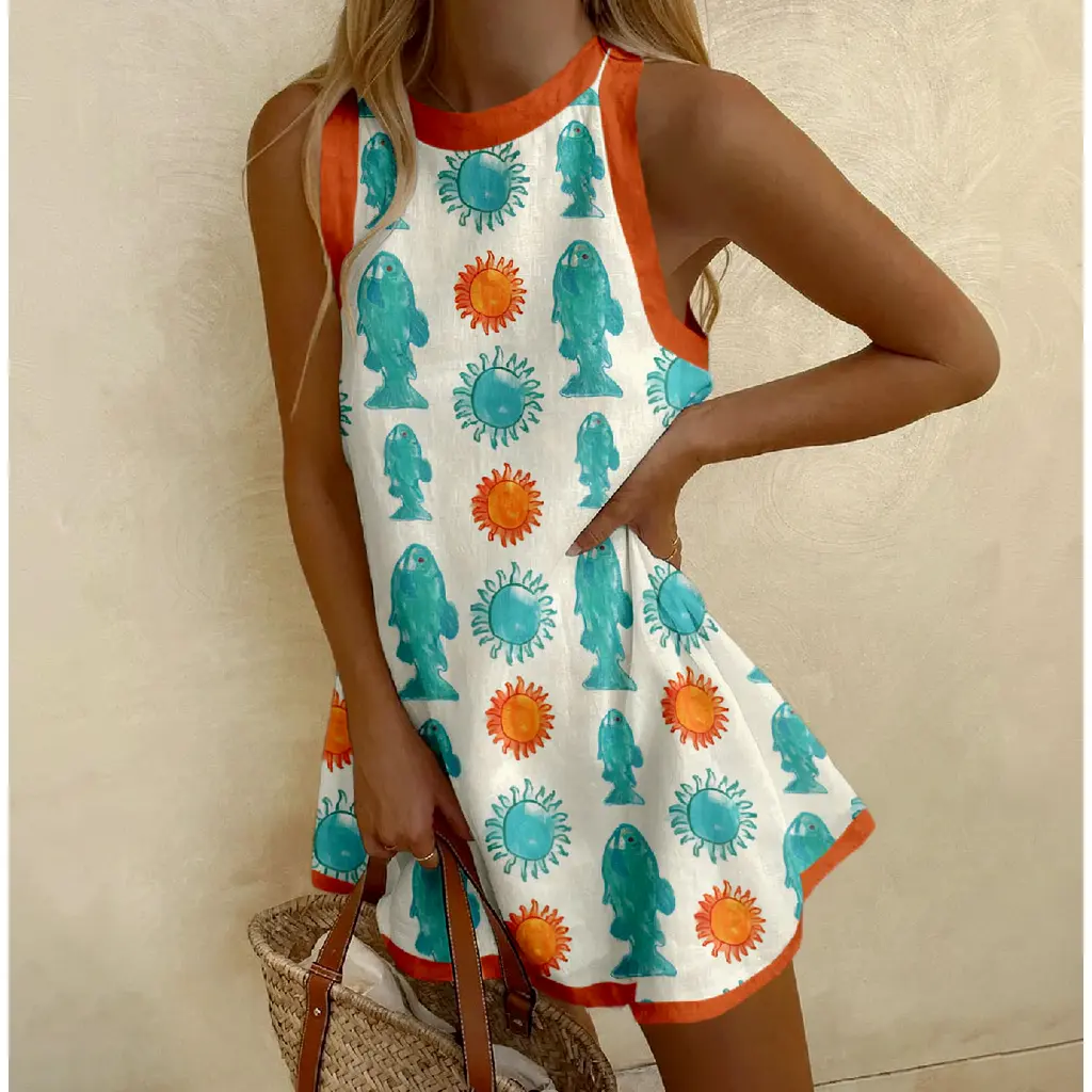 Summer Ocean-Themed Casual Sleeveless A-Line Mini Dress — Seaside Vacation Style with Contrast Paneling and Fish Floral Print.