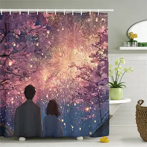Anime Style Cherry Blossom & Firework Couple Shower Curtain, Waterproof & Mildew Resistant Thick Polyester Bath Curtain with Hooks, Romantic Japanese Theme Bathroom Partition Curtain, Decorative Curt