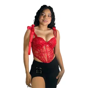 Coquet Corset con Encaje Fino y Lentejuelas – Ajustable y Elegante