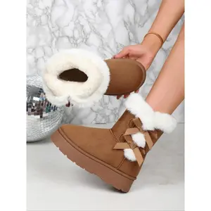 Women’s Winter Plush Snow Boots with Bow Detail, Thick Warm Short Ankle Booties with Fur Lining, Comfortable and Stylish Footwear for Cold Weather