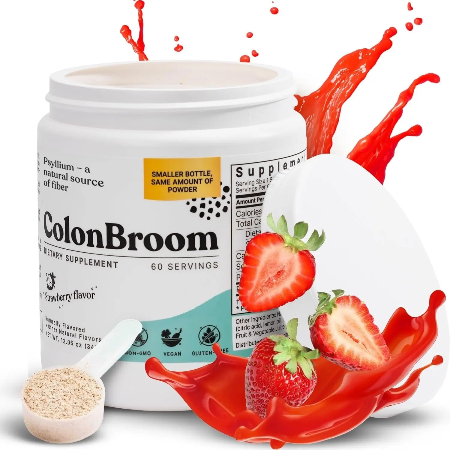 Psyllium Husk Powder (Strawberry) - Colon Cleanse for Bloating Relief & Gut Health - Colon Broom Fiber Powder Drink - Vegan, Gluten Free, Non-GMO Fiber Powder Supplement, 30 Servings Herbal Probiotic Cleansing Optimum