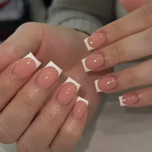 24pcs Glossy Short Square French False Nails, Classic Full Cover Fake Nail Stickers, DIY Manicure Decorations for Men and Women, Wedding Nails, Press on Nails