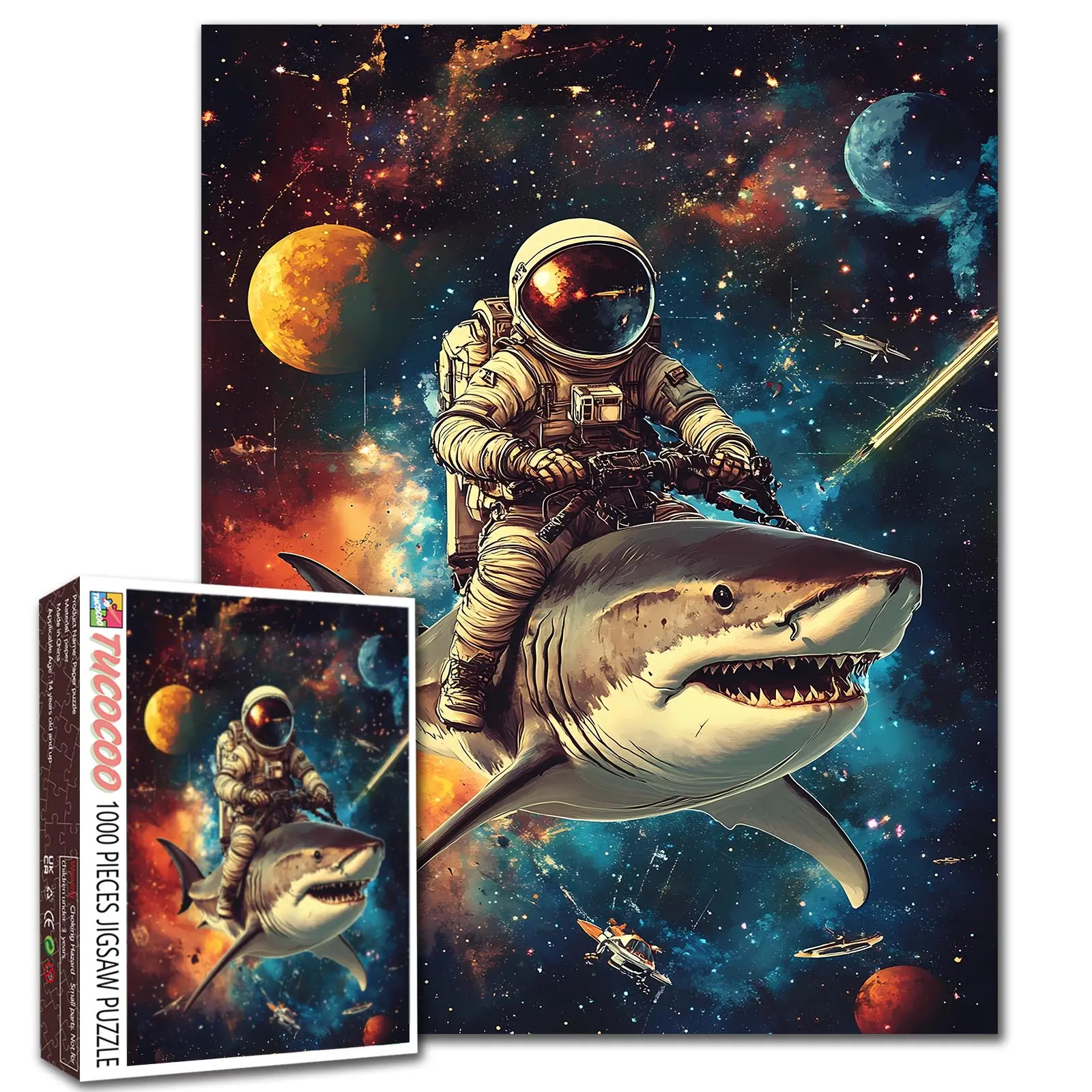 Tucocoo Astronaut Riding Shark Space Adventure Art 1000 Pieces Jigsaw Puzzle, Cosmic Galaxy Design, Relaxing Family Game for Stress Relief, Brain Challenge Activity, Decorative Wall Art, Creative Gift for Adults and Seniors 27.5x20inch(70x50cm)