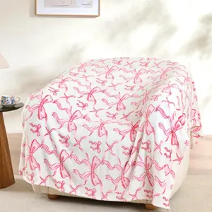 Pink Bow Blanket--Spring Easter soft wool blanket, suitable for girls and women, ideal for beds, sofas, chairs, college-style bedrooms or as a gift, cute blanket with pink bow decoration