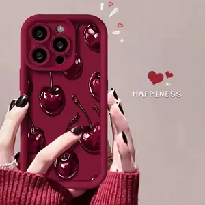 Sexy Wine Cherry Pattern Phone Case , Soft Silicone Tpu Protection and Shockproof For iPhone 17 16 15 Pro Max 14 13 12 11 X Plus Air Mini 17E Girl Durable slim Silicone Cover Cellphone Protective iPhone case