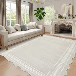 【GARVEE】Scalloped 5x7 Rugs Washable Area Rugs for Living Room, Modern Bordered Solid Rug for Bedroom, Abstract Scalloped Non-Slip Stain Resistant Carpet for Dining Room Home Office Dorm,Cream