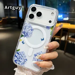 Clear Phone Case for iPhone 17 16  Pro Max Plus 15 14 13 12 11 Air E Hydrangea Butterfly Dream  Pattern Magnetic Sunction Acrylic Back Full Body Protective Cover