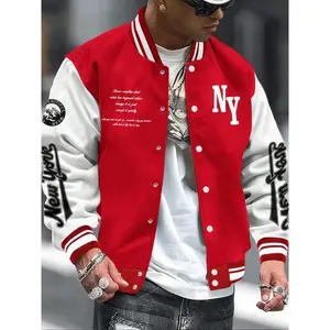 Men’s bomber jacket with letter print and baseball collar, loose casual sporty long-sleeve varsity jacket for fall and winter, men’s outerwear for daily wear, coats, clothing for men, menswear, casual jackets