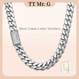 Silver Stainless Steel Cuban Link Chain Necklace for Men, 14mm Heavy Miami Cuban with A-Z Initial Letter Clasp, Hip Hop Streetwear Gothic Punk Chain, Personalized Statement Necklace, Rapper Style Jewelry, Trendy Gift for Him, Bold Daily Wear
