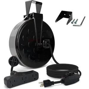 30 Ft Retractable Extension Cord Reel, 16/3 SJTW Power Cord with 3 Electrical Outlets, Ceiling or Wall Mount, 10 Amp Circuit Breaker, Metal Plate, UL Listed, Gray