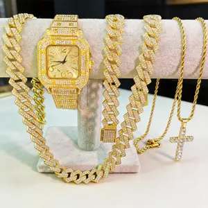 HIP-HOP Diamond encrusted watch bracelet necklace set quartz watch hip-hop Cuban bracelet necklace watch 4-piece set