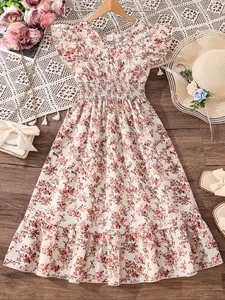 Girls Floral Print V Neck Waist-Defined Flutter Sleeve Dress, Casual Stylish Lightweight Comfortable Dress for Daily Wear, Outings, Beach Vacations