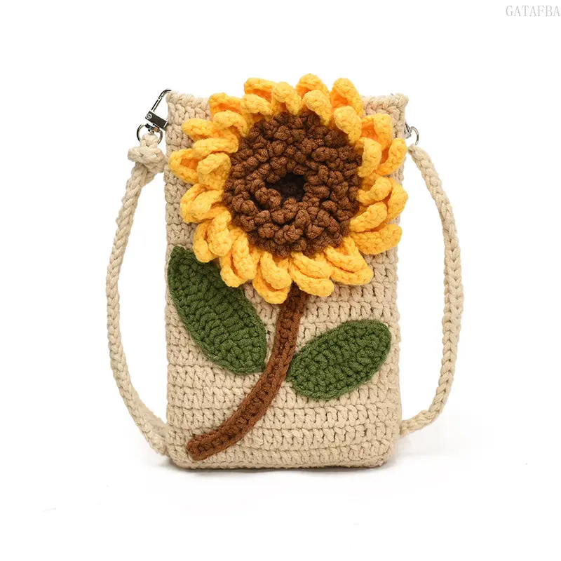 Handmade Crochet Sunflower Phone Bag Pastoral Style Knitted Floral Crossbody Bag Lightweight Portable Women Shoulder Bag For Daily Shopping Casual Outdoor Outing