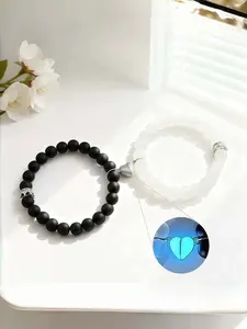 Unisex Luminous Magnetic Heart Charm Bracelets for Couple, 2pcs/set Trendy Minimalist Beaded Bracelets, Trendy Jewellery Accessories, Chic All-match Vintage Jewelry As Gift for Daily Decor