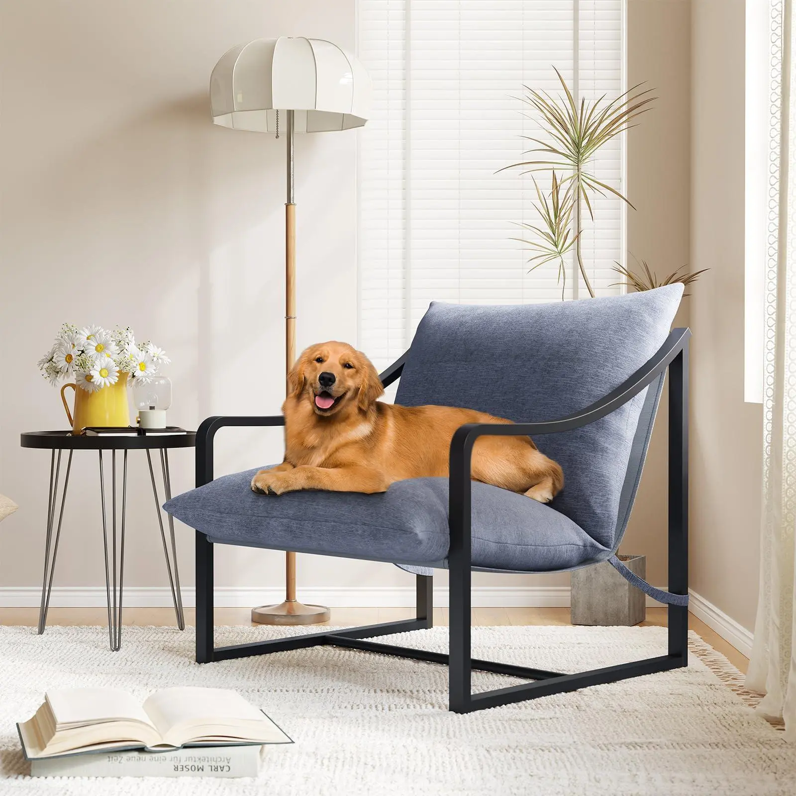 GARVEE Modern Accent Chair with Metal Frame & Armrest, Upholstered Reading Chair with Soft Foam Cushion, Sling Lounge Chair for Living Room, Bedroom, Office, Apartment, Cozy Armchair Gray