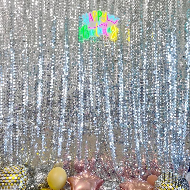 GLITZ HAPPY Silver Sequin　Backdrop 8 ft x 9 ft Shiny Wall Backdrop  for Birthday Christmas Wedding Parties Hanging Glitter Photo Studio Backdrop with 4 Inch Rod Pocket