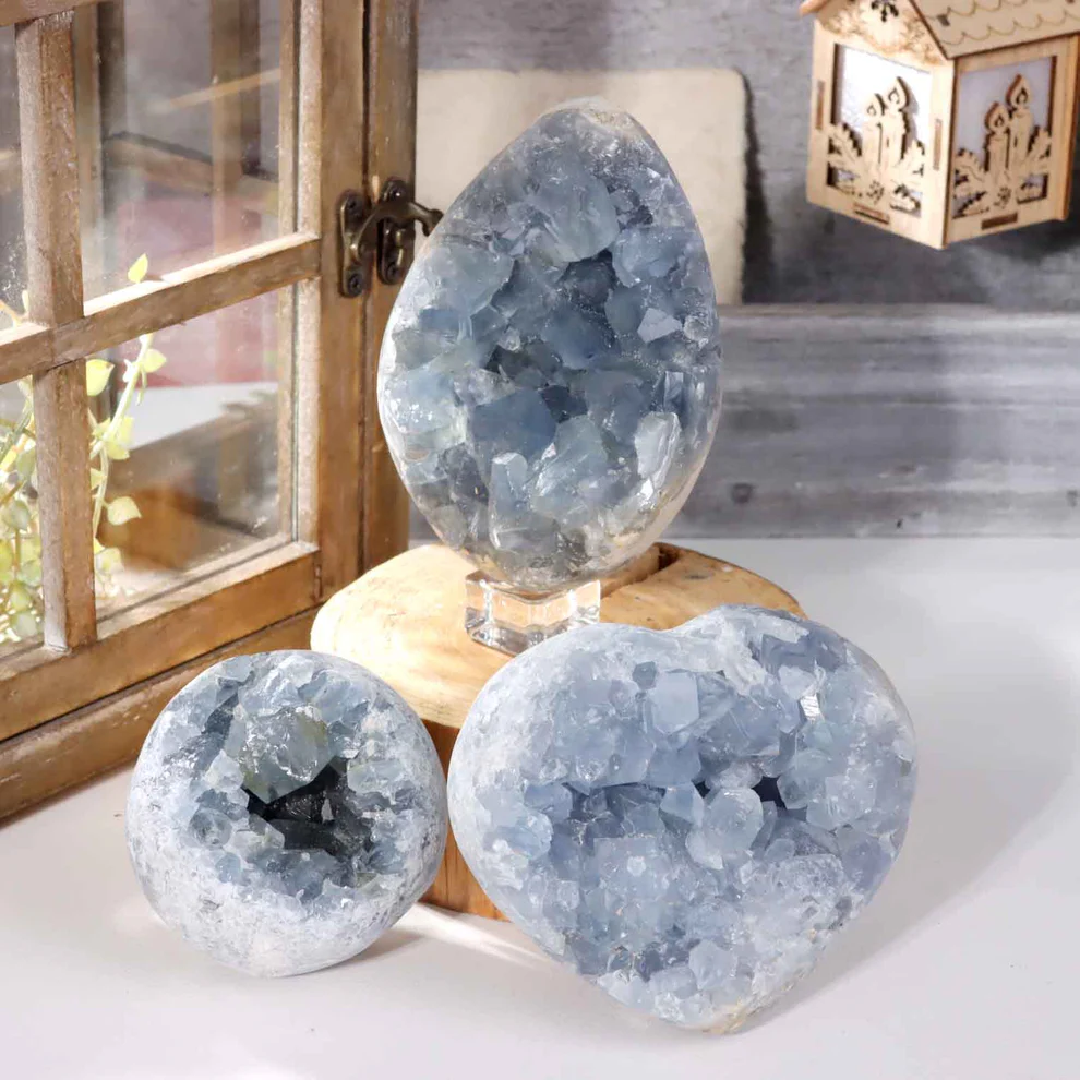 Intuitive Crystal 4 All Celestite Decorative Pieces for Home Decorations Unique Natural Stone Artwork in Spheres Towers & Flames Shapes High-Quality C