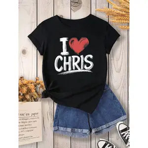 Men's Wear Women's I Love Chris Print T-Shirt - 95% 5% Non- Blend Casual Crew Neck Short Sleeve Top with White Chris Name & Red Heart Design - Gift for Chris Fans - All-Season Fit Tee