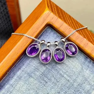 Lucky Stone Natural Amethyst Pendant Female S925 Silver Plated Necklace Japanese and Korean Fashion Simple Clavicle Ornament Birthday Gift for Friends Natural Crystal Personalized Birthstones