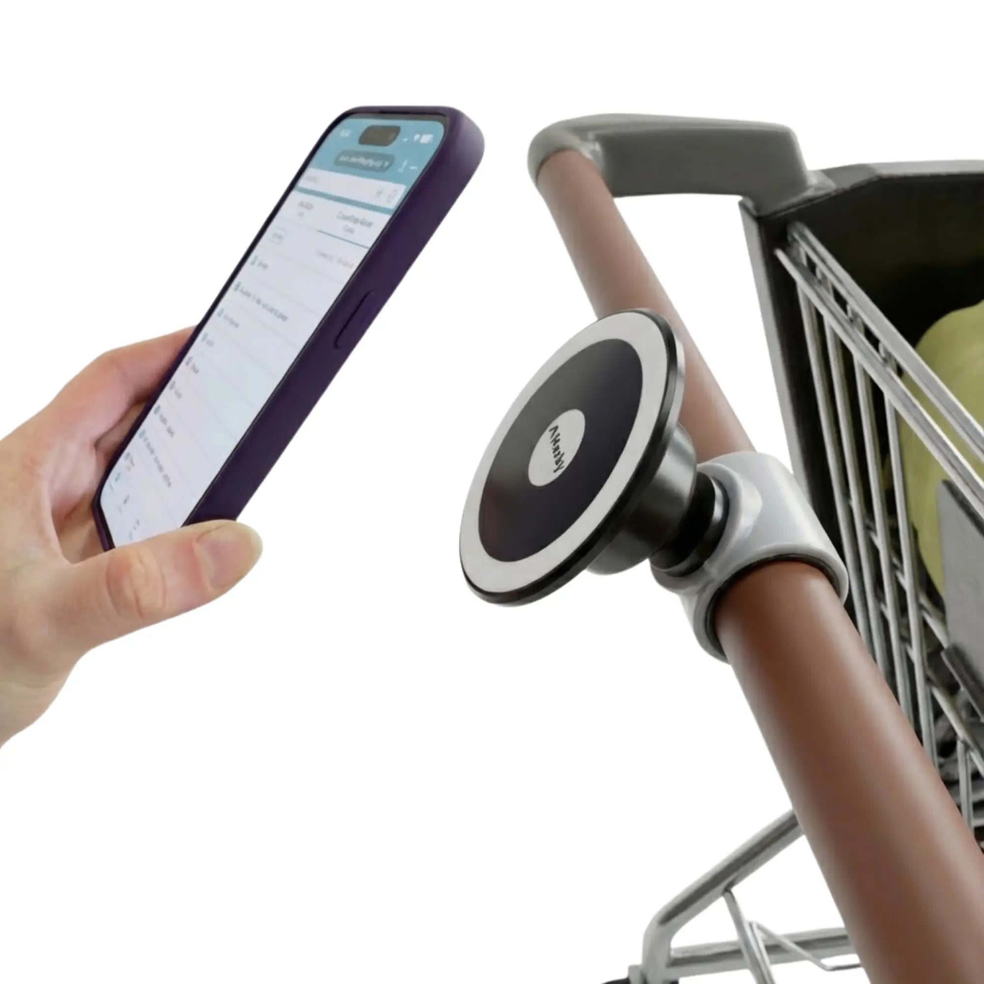 Shopping Cart Phone Holder | MagSafe Compatible Magnetic Mount for Grocery & Supermarket Carts | Flexible Handlebar Clamp | Hands Free Cart Phone Mount for Lists, Coupons & Delivery Apps
