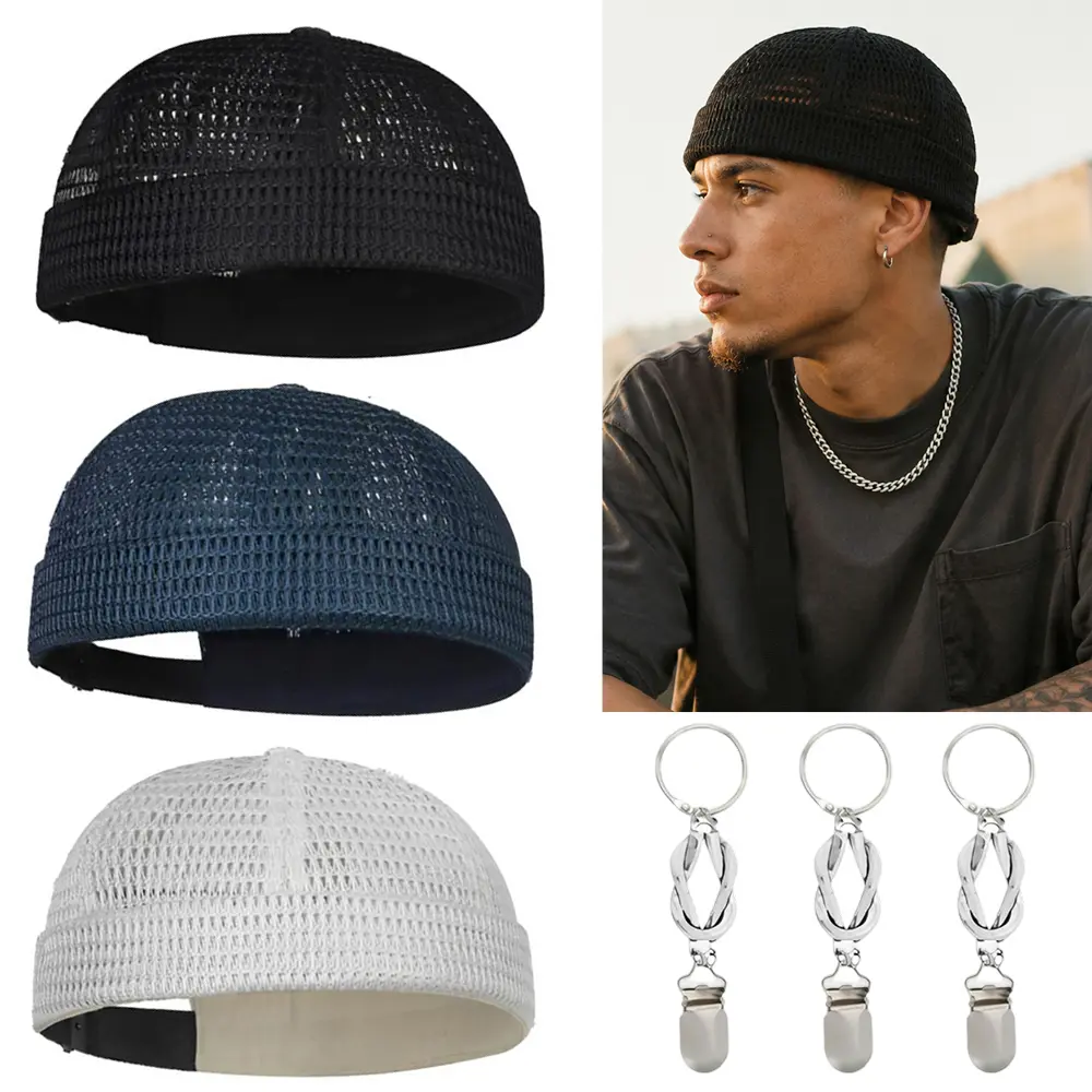 3 Packs Mens Mesh Brimless Caps with Clips, Adjustable Breathable Summer Caps Beanie Hat Flip Sailor Skullcaps Lightweight Mesh Hip-Hop