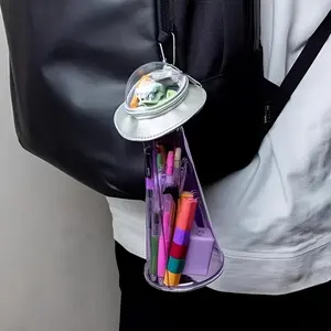 2025 new creative UFO modeling transparent green alien doll decorative pencil case, four seasons desktop storage box, interesting UFO space ship stationery bag, Office School Supplies.