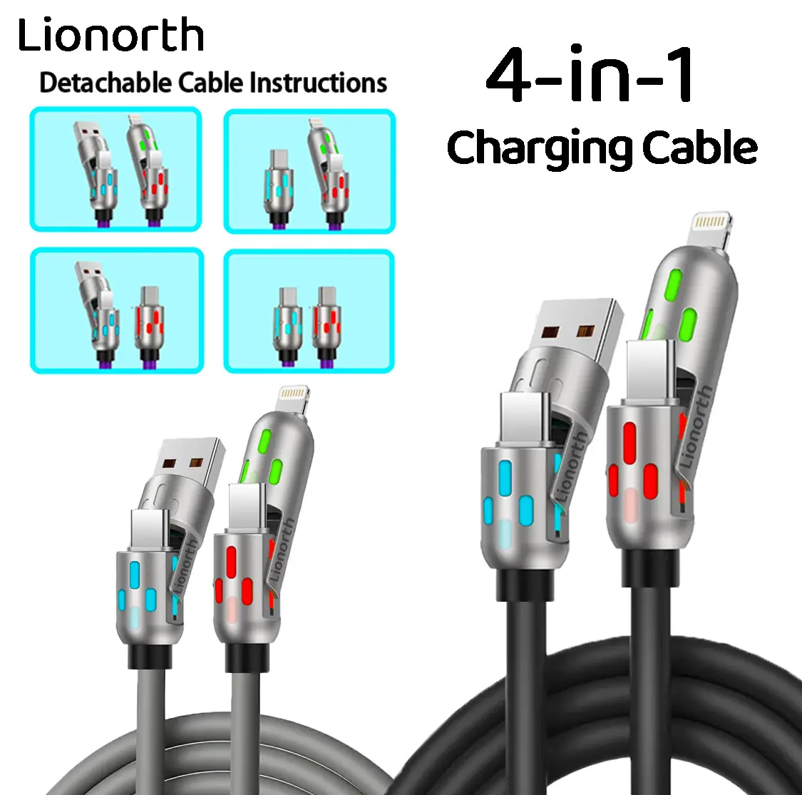 Lionorth 4-in-1 USB Detachable Charging Cable with USB-A, Type-C, and Lightning Connectors – Compatible with iPhone, iPad, Samsung Galaxy, and Laptops