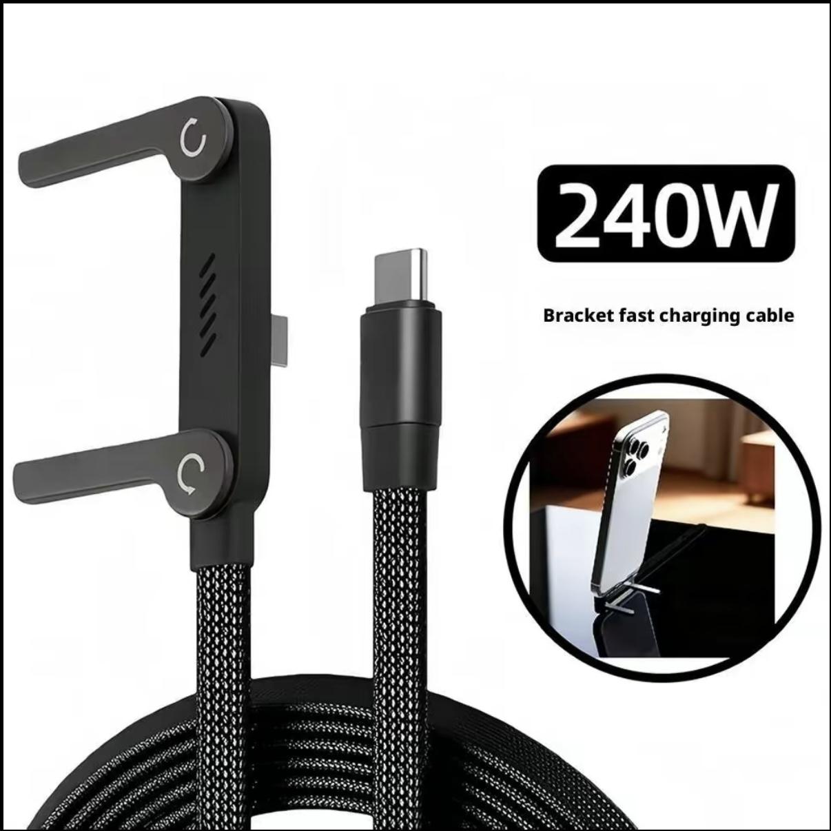 Outdoor mobile portable indoor travel tool 240W fast charging data cable | Woven material, foldable stand, black - Dual-purpose fast charging cable for phone charging and desktop video viewing, Type-C to Type-C, USB-C interface type
