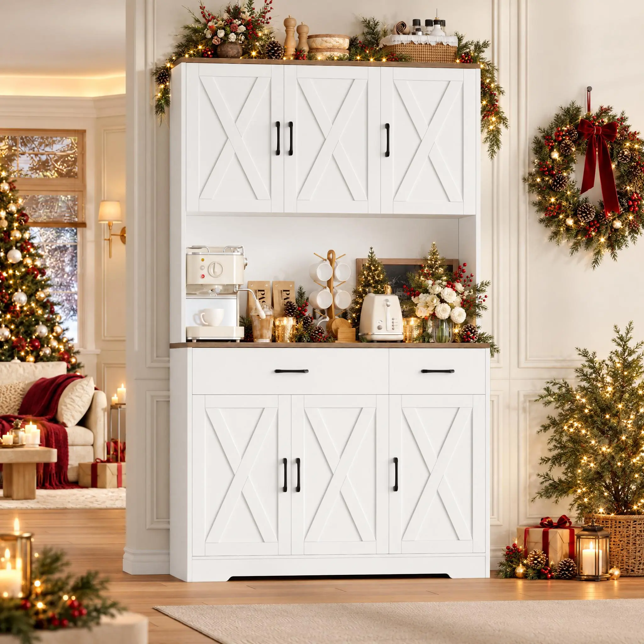 【FallDealsForYou】HOSTACK 71" Tall Kitchen Pantry Storage Cabinet, Kitchen Hutch with Charging Station, Coffee Bar, Microwave Stand, 6 Doors, Drawers & Adjustable Shelves, Christmas Gift, Home essentials
