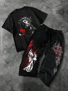Men's Luxury Streetwear Set - Opium Style Oversized Graphic T-Shirt and Baggy Sweatpants Two-Piece, Dark Gothic Jesus Print with Distressed Red Accents, Harajuku Aesthetic Casual Tracksuit for Urban Fit Check