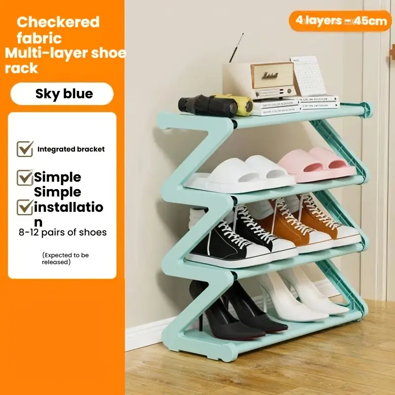 4-Tier Z-Shaped Shoe Rack, Durable Plastic Independent Storage Boxes, Curved Design, MULTI-FUNCTION Storage Rack, Easy Assembly Freestanding Shoe Rack, NO TOOLS REQUIRED Color: Wind-Chasing Blue (Reinforced Plastic Parts - Easy Installation)