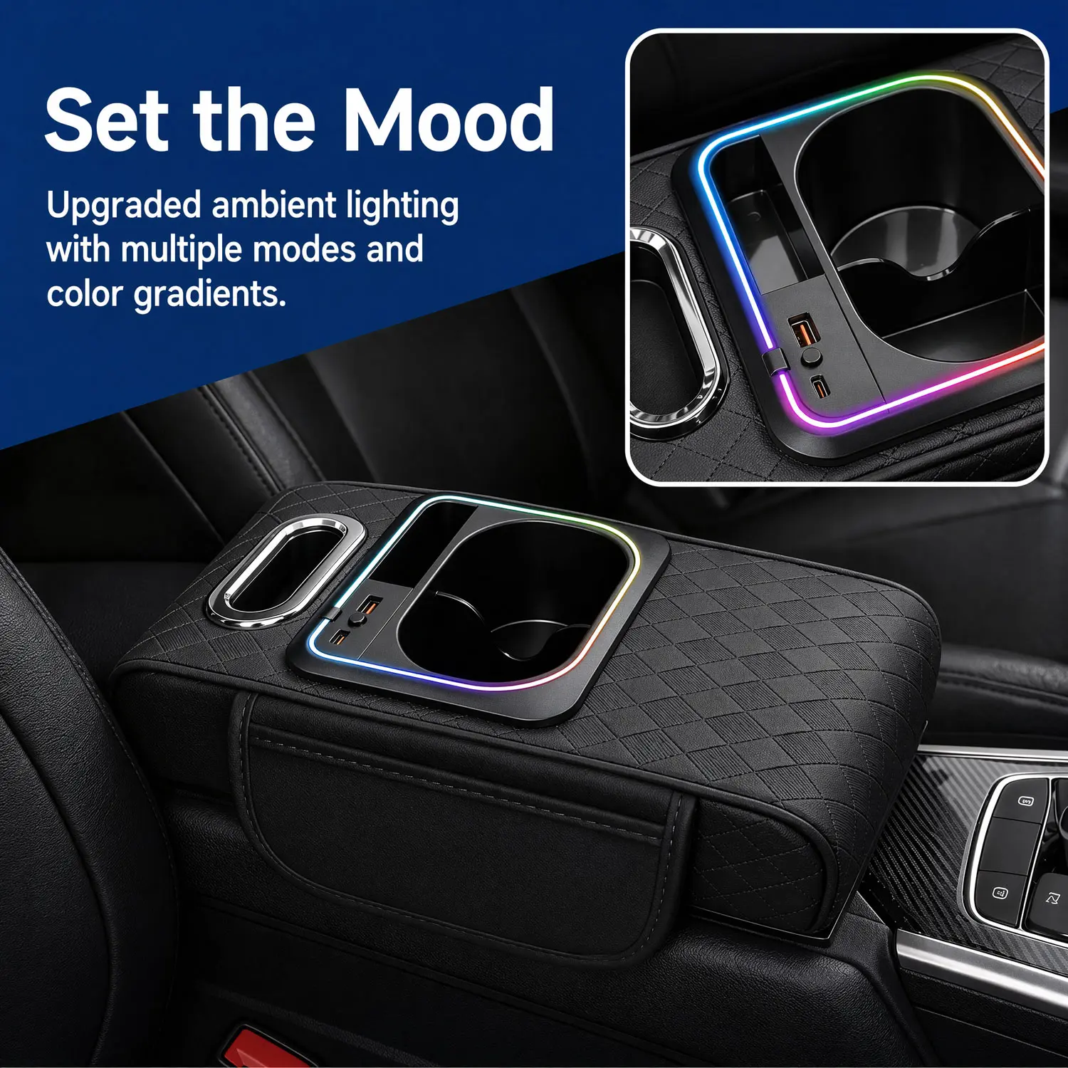 Universal Car Center Console Armrest Cushion Pad with USB LED Ambient Light, 5 in 1 Arm Rest Cover with Cup Holder Tissue Box Dispenser Phone Pocket Organizer for SUV Sedan Truck, Ergonomic Memory Foam Elbow Pillow, 14.37 x 7.67 Inch