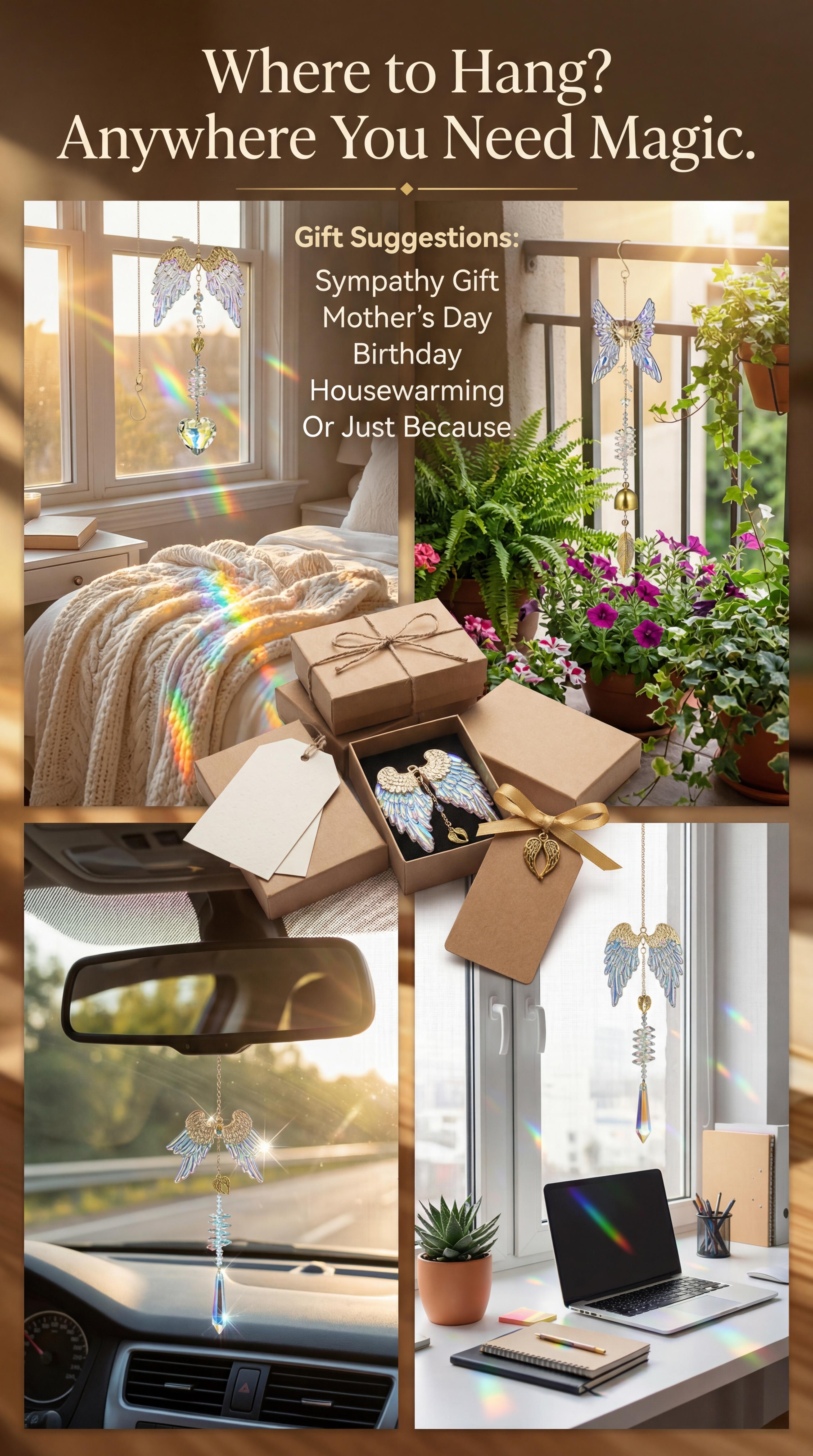 Angel Wing Crystal Sun Catcher 4 Styles - Hanging Rainbow Maker with Heart & Bell for Home Decor , Handmade Crystal Prism Rainbow Maker for Window & Garden  , Crystal Hanging Ornament Gift for Mom & Friends glass christian art office wall  gardening