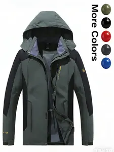 Men's Regular Fit Patchwork Drawstring Zip-Up Hooded Jacket, Casual Long Sleeve Pocket Outerwear for Fall & Winter, Men's Clothes for Outdoor Activities, Coats, Functional Coat