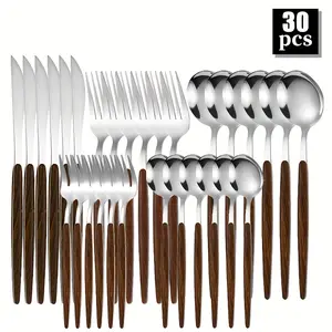 [30pcs Cutlery Set] 10/20/30pcs Portuguese Cutlery Set, Dinner Knife, Forks, Spoons, Teaspoon, and Tea Fork |   Wood Grain Handle Design, Dishwasher Safe |   Suitable for Home, Kitchen, Restaurant, Banquets, Weddings, Parties, and Festivals