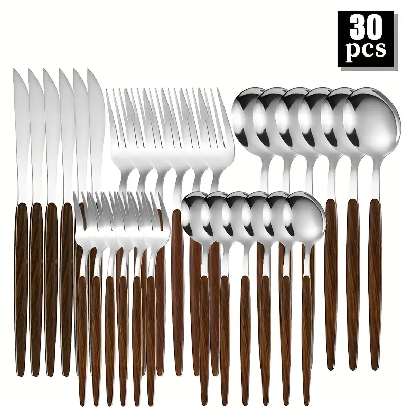 [60pcs Cutlery Set] 10/20/30pcs Portuguese Cutlery Set, Dinner Knife, Forks, Spoons, Teaspoon, and Tea Fork |   Wood Grain Handle Design, Dishwasher Safe |   Suitable for Home, Kitchen, Restaurant, Banquets, Weddings, Parties, and Festivals