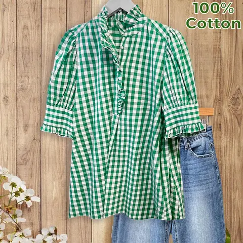 Women's SageVell 100% Cotton Gingham Checkered Blouse - Retro Ruffle Neckline, Puff Sleeves, Medium Length, Going Out Fashion Top with Fabric Details, Runs Large (Green, Khaki, Red, Blue)
