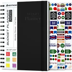 Budget Planner and Monthly Bill Organizer - Financial Planner Budget Book with Sticker Sheets - 12 Month Undated Bill Tracker Notebook with Debt, Saving and Expense Trackers - A5 (Black)