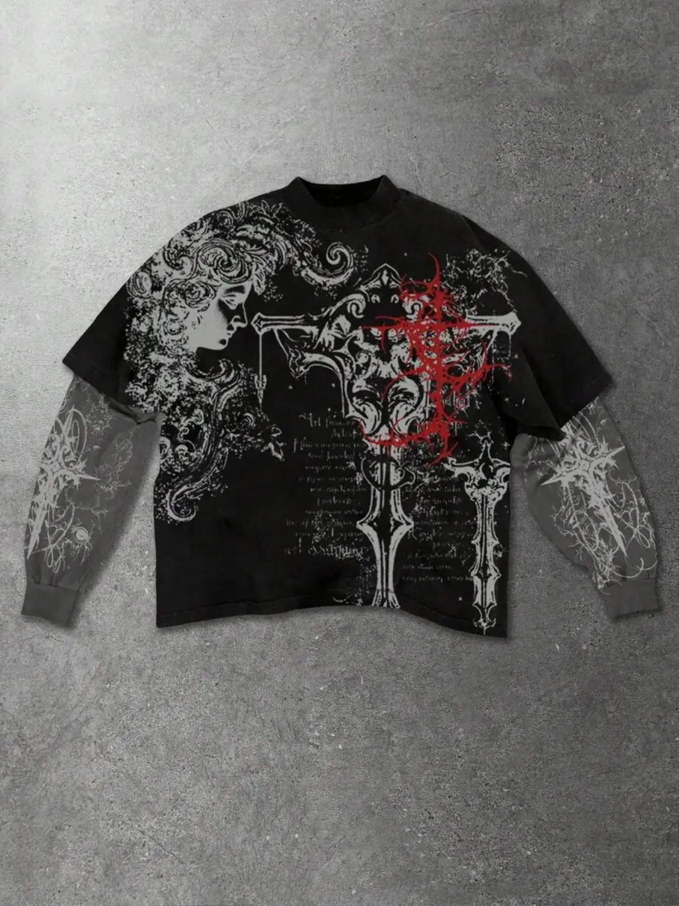Gothic Style Streetwear Men's Long Sleeve Mock Two-Piece Black T