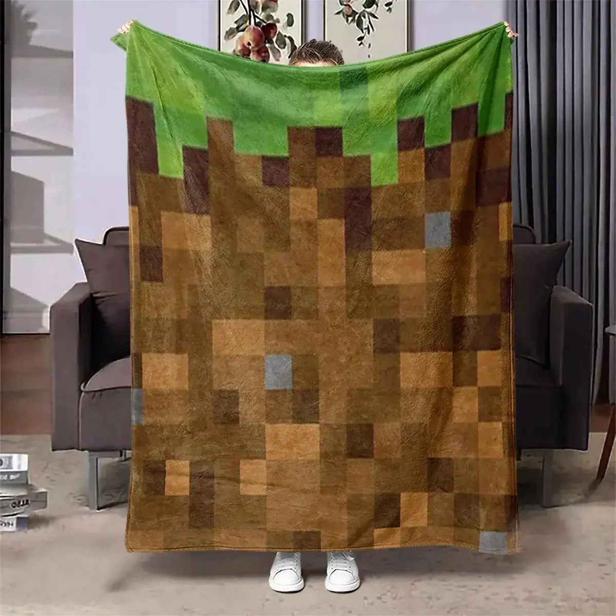 Pixel Grass Block Flannel Throw Blanket, Soft Cozy Gaming Fleece Blanket, Minecraft Style Gamer Room Decor for Bed Sofa Couch Dorm, Unique Birthday Christmas Gift For Gamers Kids Boys Teens