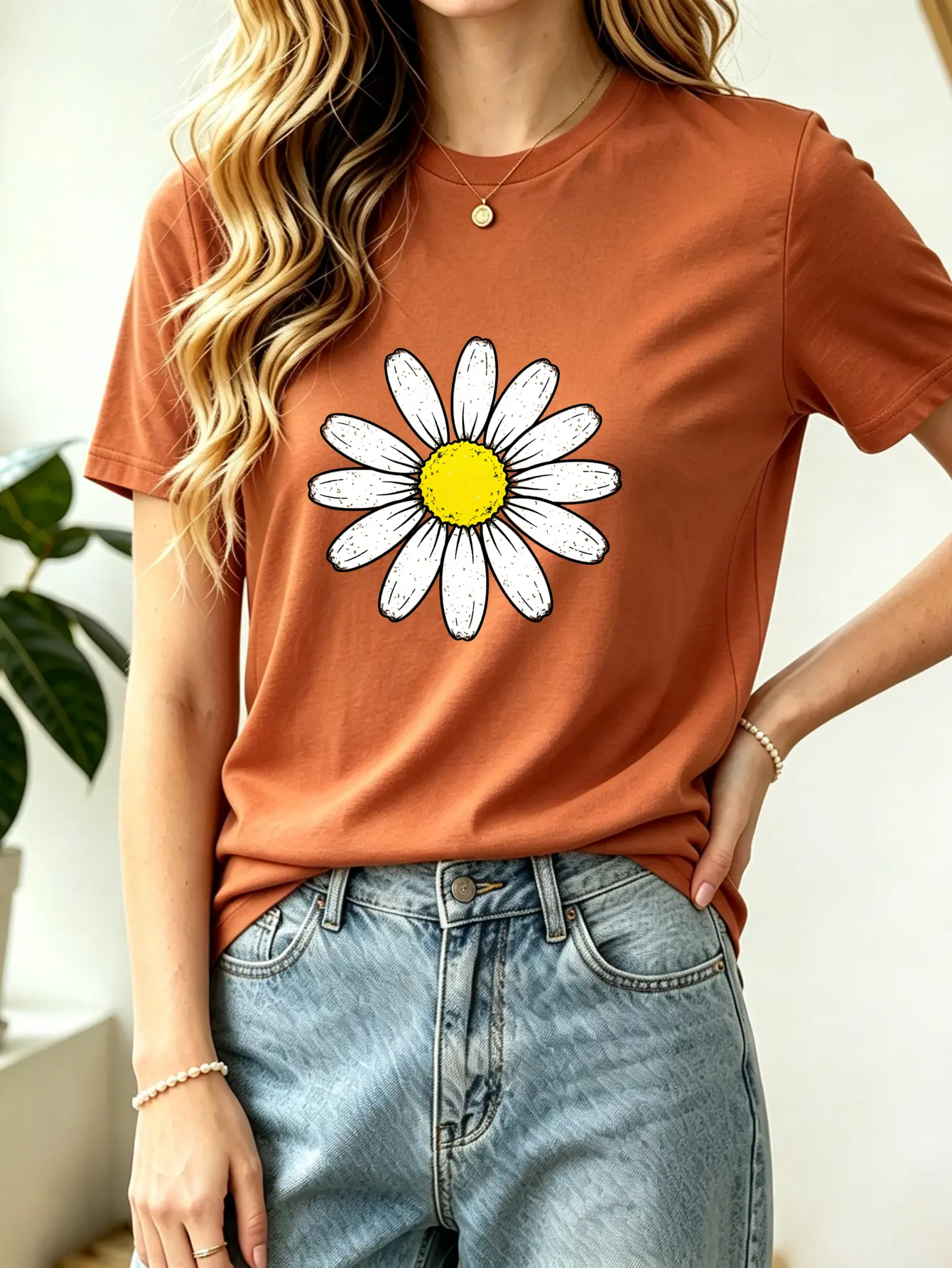 Women Premium Distressed Daisy Graphic Tee, Soft 100% Cotton Relaxed Fit Short Sleeve Top Crew Neck, Floral Printed T-Shirt for Women Street Casual Home Outdoor Daily Outfits
