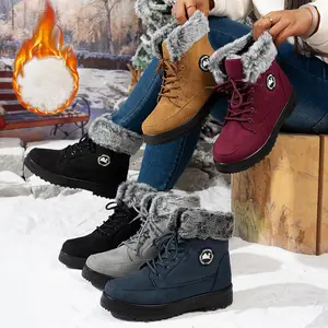 Snow Boots for Women Ankle Boots Fur Lined Side Zipper Solid Color Thick Bottom Flat Non Slip Waterproof Resistant Thickened Warm Winter Outdoor Sneakers Black Round Toe Lace-Up Footwear